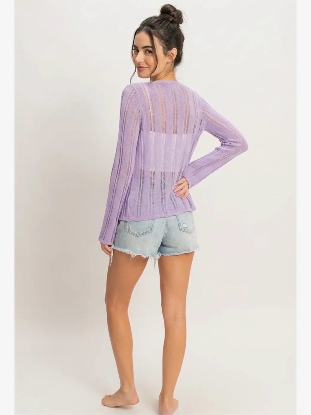 Lavender Open Knit Bell Sleeve Cardigan Boho Lightweight Sweater Various Sizes - Picture 3 of 8